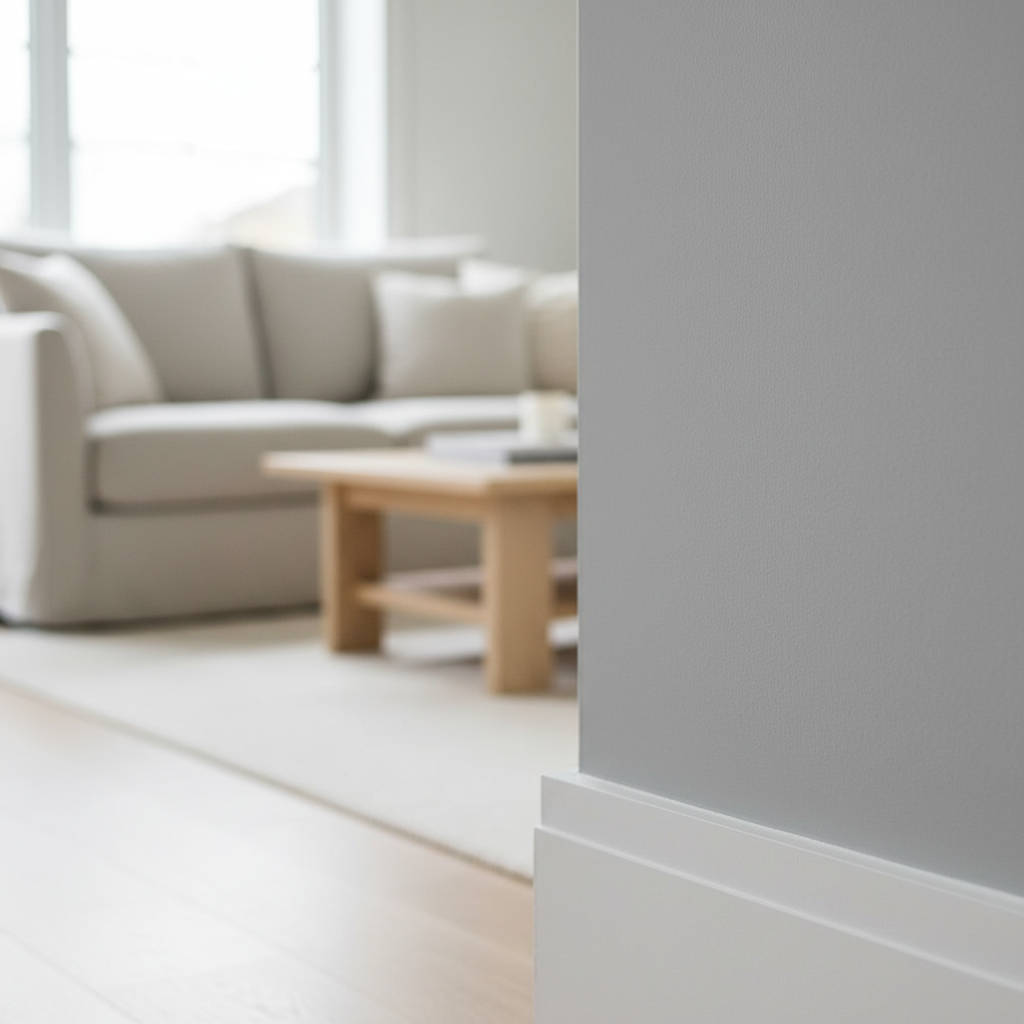 A close-up of a freshly painted interior wall in a tranquil, cloud gray color, meeting a crisp, clean white baseboard with razor-sharp edging. The setting is a modern, minimalist living room with neutral-toned furnishings barely visible in the softly blurred background. Gentle, diffused overcast daylight enters from a large window out of frame, subtly highlighting the flawless transition between wall and trim. The composition is tight and balanced, focusing on the line where surfaces meet to showcase precision. The mood is tranquil, orderly, and professional, captured in a photographic, clean, and corporate style befitting an expert painter’s portfolio.