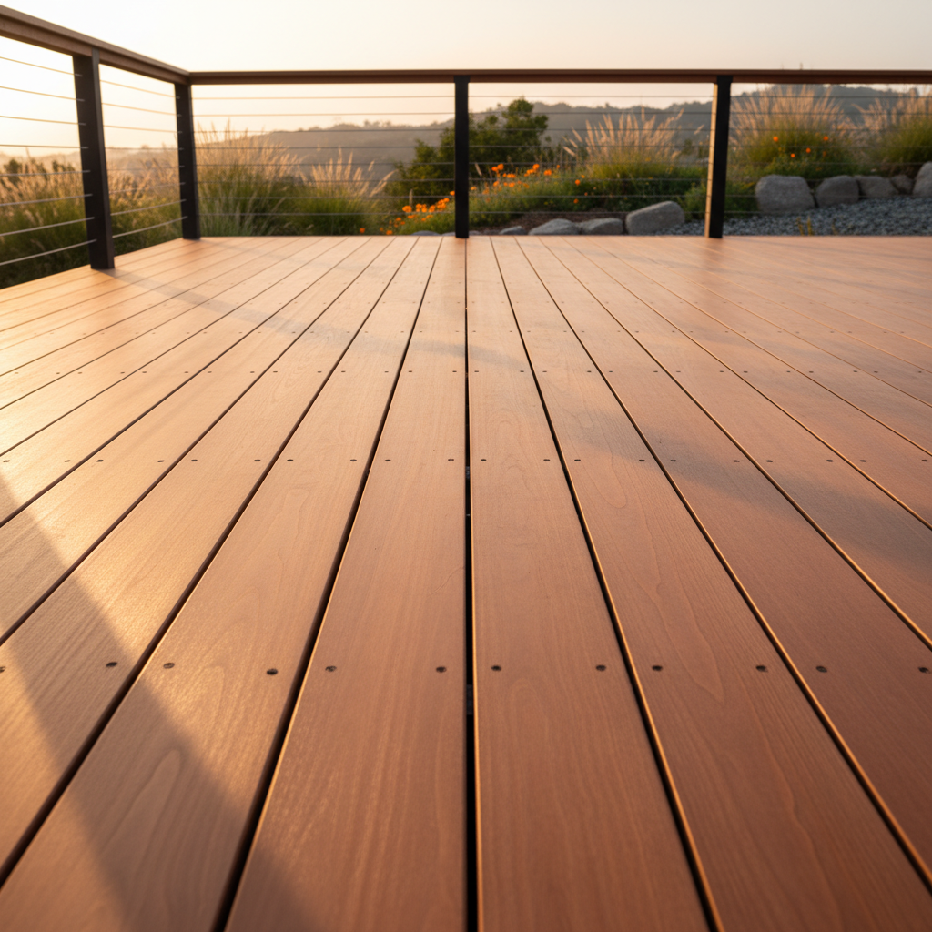 A detailed view of a spacious deck constructed from smooth, sanded redwood, freshly stained in a warm chestnut hue. The deck overlooks a blurred background of lush Bay Area landscaping, including native grasses and subtle stonework. Soft golden hour sunlight highlights the wood grain and the meticulous finish of the stain, with gentle shadows cast by the deck railing. Shot from a low angle along the length of the planks, the image emphasizes neatness, structure, and outdoor durability. The mood is serene and polished, with a balanced, photorealistic composition—ideal for conveying rugged yet elegant exterior painting work.