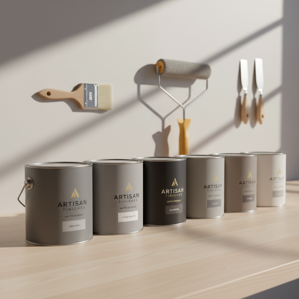A lineup of neatly arranged premium paint cans in neutral matte grays and whites, their labels facing forward and lids spotless, sitting on a polished workbench. The backdrop includes painter’s tools—like a fine-bristle brush and professional-grade roller—organized with geometric precision against a minimalist, softly lit wall. Overhead studio lighting produces crisp shadows and subtle highlights, reinforcing a sense of orderliness and care. Captured with sharp focus and shallow depth, the image feels professional, clean, and reliable, reflecting the high standards of a top-tier painting service. The style is photorealistic and structured, aligning with a corporate, trustworthy aesthetic.