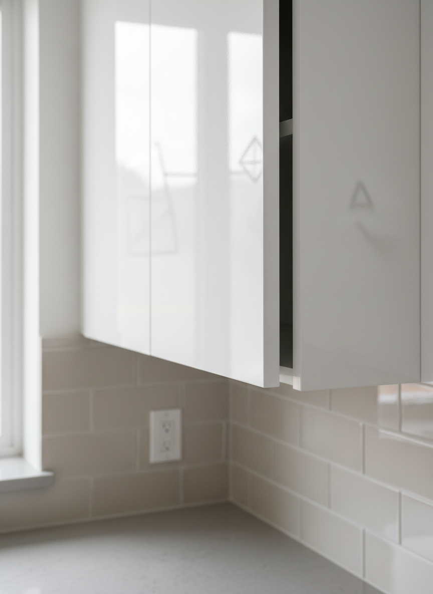 A pristine, high-gloss white kitchen cabinet door partially opened, revealing its smooth, reflective surface and precise joinery. The cabinet stands against a neutral-toned backsplash and quartz countertop, in a bright, modern kitchen environment with minimalist decor. Soft, diffused natural light from a nearby window brings out the crispness of the painted finish and accentuates subtle reflections. The composition uses a close-up, rule-of-thirds framing, focusing on craftsmanship and surface quality. The atmosphere is clean, structured, and professional, embodying the calming appeal of expert finishing. The photographic style is sharp and realistic, suitable for showcasing high-end indoor painting services.