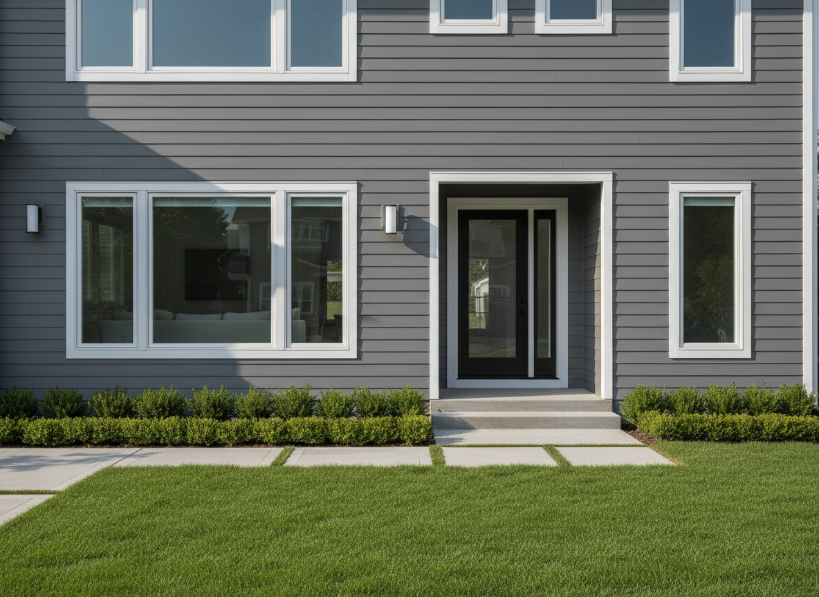 A freshly painted modern home exterior featuring seamless horizontal wood siding finished in a sophisticated matte gray, accented by crisp white trim. The house is situated in a manicured suburban front yard, bordered by low hedges and a minimalist concrete walkway. Early afternoon natural light casts clean, precise shadows along the building’s angles, highlighting the flawless paint application. The scene feels professional and orderly, with a tranquil, neutral mood and uncluttered surroundings. Photographed from a straight-on, eye-level composition to emphasize structure and clean lines. The overall look is photorealistic, with a clean, corporate, and modern aesthetic, perfectly in line with a premium painting service.